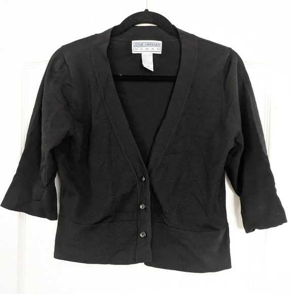 Jessica Howard Cropped‎ Black Cardigan Size 16 W V Neck Buttons - Picture 1 of 5